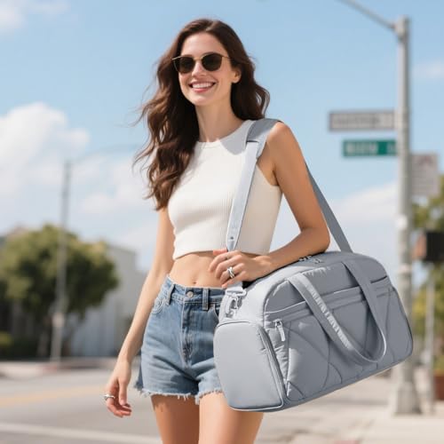 Women's Duffle Gym Bag, Carry-On Shoe Compartment for Weekender Overnight - color: Grey, size: Medium