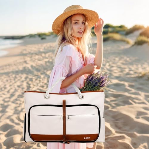 Beach Bag for Women - 35L Large Tote Bag, Waterproof & Sandproof, Zippered Carry On Bag for Pool, Beach & Travel - color: Beige