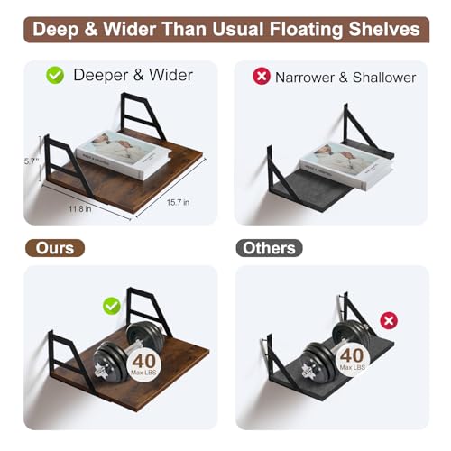 Tectocker-DOU 2 Pc Deep Floating Wall Shelves, Heavy Duty, 15.7×11.8, Brown - color: Brown, size: 15.7W×11.8D