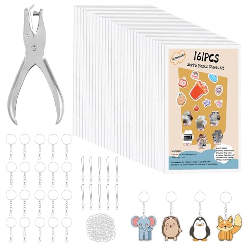 161 Pcs Shrink Paper Keychain Kit,30 Shrink Plastic Sheets for Teens | Includes 7.9 x 5.7 inch sheets,hole punch,lobster clasps and jump rings for coloring,keychains and charms
