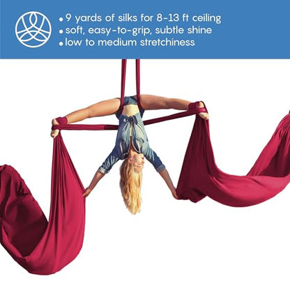 Aerial Silks Starter Kit, 9 Yards, Aerial Yoga Hammock, Hardware | Knitted fabric with pose guide, for aerial yoga, gymnastics, silk swing, stretching and home gym use, suitable for all levels - color: Plum