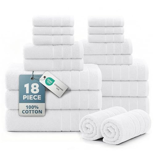 Casa Platino Bath Towel Set 100% Cotton 18 Piece Soft Absorbent - White | Bathroom Towels - Generously Sized, Oversized & Roomy, Lightweight & Breathable, Fade-Resistant Color, Classic Terry Weave - color: 01: White, size: 18 Piece Towel Set