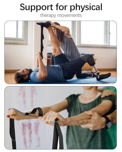 10 Loop Yoga Stretching Strap for Physical Therapy - Non-Elastic Exercise Band for Pilates, Yoga, Stretching for Women & Men - color: Black