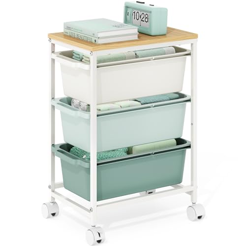 KINGBOARD Slim Rolling Cart with 3 Drawers, Metal Utility Storage Cart | Wooden Tabletop, Lockable Wheels, Under Desk Trolley for Bedroom, Children's Room and Office Organization, Green - color: Green, size: 3-Tier