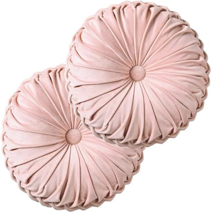 HIG Set of 2 Pink Velvet Decorative Round Pleated Throw Pillows - color: Pink