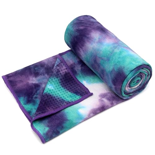 Eunzel Hot Yoga Towel - Microfiber Non Slip Yoga Mat Towel with Grip Dot Sweat Absorbent Towel for Hot Yoga, Pilates and Fitness 72" x 24", Green & Purple/Purple - color: Green & Purple/ Purple