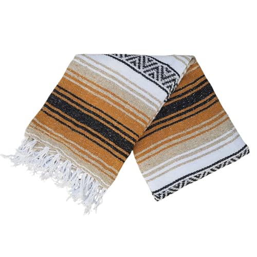 Open Road Goods Multi Color Mexican Falsa Blanket - Handwoven in Mexico - Great for The Beach, Picnics, Yoga, or a Throw! (Tan/Yellow) - color: Tan/Yellow