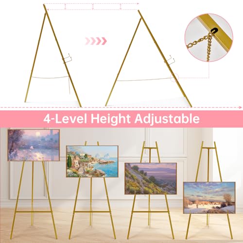 57" Gold Easel Stand for Sign, Heavy Duty Metal Floor Display Easel | 4-Tier Adjustable Floor Display Easel for Wedding Signs, Welcome Signs, Posters, Mirrors, Pictures, Art, Parties & Paintings - size: 57