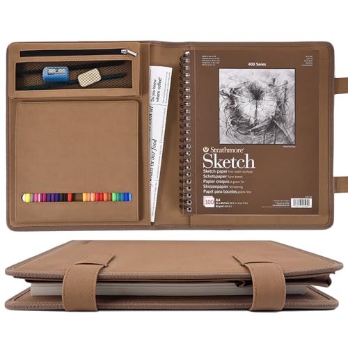 Plinyvel Brown Leather Sketchbook Cover 9x12, Travel Drawing Portfolio | Portable sketch kit organizer, pencil holder, Fits 9x12 Sketch Book, Spiral Pad, Compact artist storage case - color: Brown, size: Large-9x12