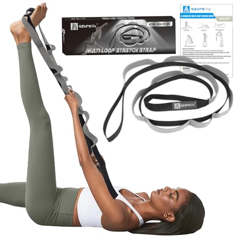 A AZURELIFE Half-Elastic Stretch Straps with 11 Loops, Stretching Strap for Physical Therapy, Multi-Loop Yoga Strap Fitness Exercise Strap for Yoga, Pilates, Dance, Flexibility&Exercise - color: Half Elastic-Gray