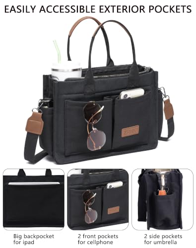 ZHMO Canvas Tote Bag for Women,Women's Bags Crossbody Bags Work Laptop Tote Bag Large Handbags Purse for Travel Nurse Teacher - color: New Upgrade Black With Compartments and Inner Cup Holders