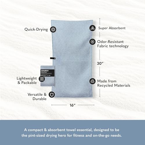 Nomadix Fitness Towel- Microterry Quick-Dry Gym & Yoga Sweat Towel, Odor-Resistant, Ultra Absorbent, Sand & Pet Hair-Resistant, Recycled Material, 30″×16″- Regenerative Black- Pale Blue - color: Regenerative Pale Blue