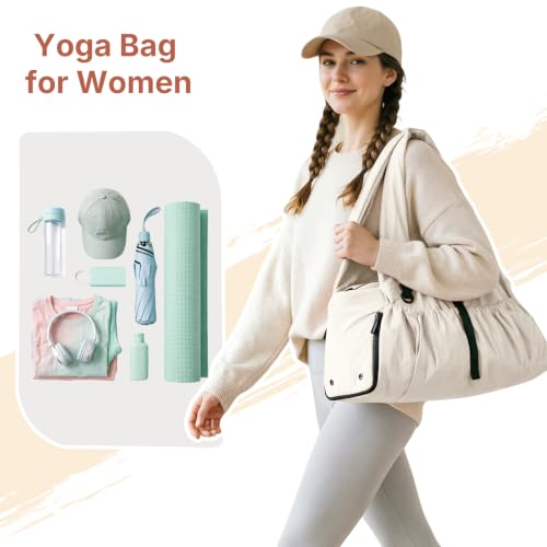 Yoga Mat Bag Yoga Bag for Women with Mat Holder Large Sport Gym Bag with Adjustable Yoga Mat Strap Shoes Compartment - color: Beige