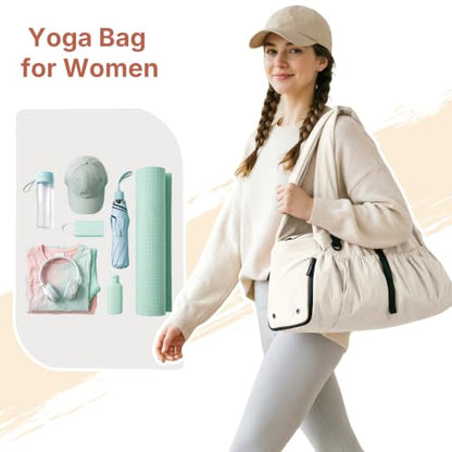 Yoga Mat Bag Yoga Bag for Women with Mat Holder Large Sport Gym Bag with Adjustable Yoga Mat Strap Shoes Compartment - color: Beige