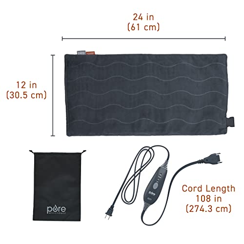 Pure Enrichment PureRelief Pro Far Infrared XL Heating Pad - Muscle Relief for Back, Neck, Shoulder, & Knee Pain in Athletes, 4 Heat Settings, Dry/Moist Heat, 12” x 24” Extra-Long Size (Iron Gray) - size: 12” x 24”