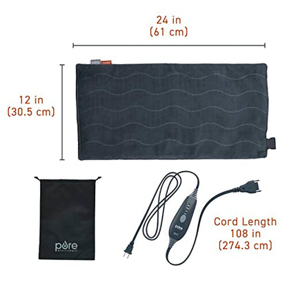 Pure Enrichment PureRelief Pro Far Infrared XL Heating Pad - Muscle Relief for Back, Neck, Shoulder, & Knee Pain in Athletes, 4 Heat Settings, Dry/Moist Heat, 12” x 24” Extra-Long Size (Iron Gray) - size: 12” x 24”