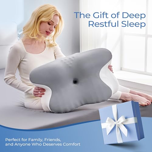 BDEUS Ergonomic Cervical Neck Pillow for Sleeping – Memory Foam Pillow with Massage Nodes for Neck Pain Relief, Side Sleeper & Back Support, CertiPUR-US Certified, Grey