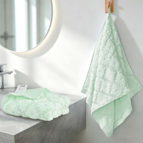 VOOVA & MOVAS Green Hand Towels 2 Pack, 100% Cotton, 13x29 in | Lightweight Fluffy, Absorbent & Quick Dry, Fade Resistant, Jacquard Pattern, Built-in Hanging Loop, Gentle on Skin - color: Green