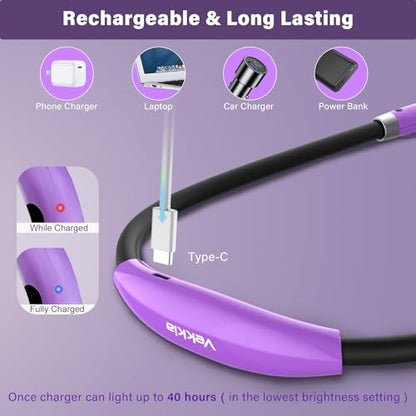 Vekkia Rechargeable LED Neck Book Light for Reading in Bed | 3 Brightness Levels/Flexible Soft Silicone Arms Comfortable Wear/Long Lasting,Great for Readers, Craft & Knitting - color: Purple