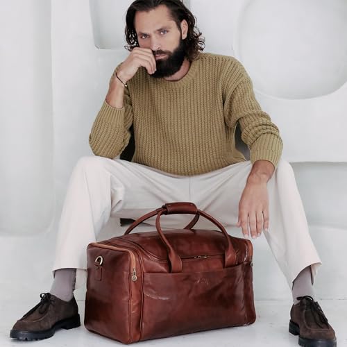Time Resistance Leather Duffel Bag - Large Weekend Gym Travel Bag (Cognac Brown) - color: Cognac