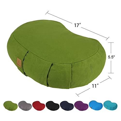 Crescent Zafu Meditation Pillow, D=17" W=11" H=5.5" Zabuton Yoga Bolster, Meditation Cushion, Floor Pouf Yoga Pillow Zippered Organic Cotton Cover Natural Buckwheat kneeling pillow - Large - color: Green