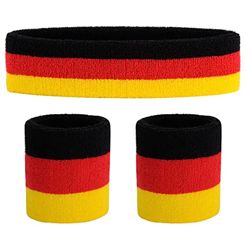 ONUPGO Sweatband Set Sports Headband Wristband Set Sweatbands Terry Cloth Wristband Wrist Sweatband Headbands Moisture Wicking Sweat Absorbing Head Band - color: Black Red Yellow