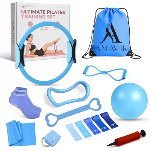 AMAVIK Pilates Kit 15-Pieces Home Workout Set with 5 Resistance Bands, Pilates Ring and Ball Set with Accessories-A Complete Pilates Set for Women to Improve Strength, Flexibility and Balance Body - color: Blue