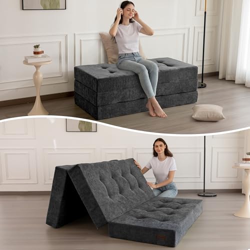 MAXYOYO 6" Folding Sofa Bed for Floor, Tufted Tri-Fold Floor Mattress | Queen Size Portable Sofa Couch Guest Mat with Chenille Fabric for Adults, Foldable Topper for Camping, Dark Grey, Queen - color: Dark Grey, size: Queen