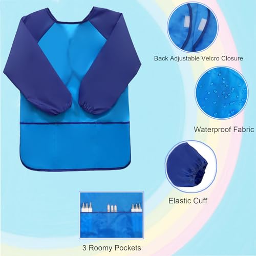 2 Pack Kids Art Smock Waterproof with Long Sleeve and 3 Roomy Pockets Artist Children Aprons for Toddlers Age 3-8 Painting Crafts（Rose Red+Lake Blue） - color: 2 Pack Rose Red+lake Blue