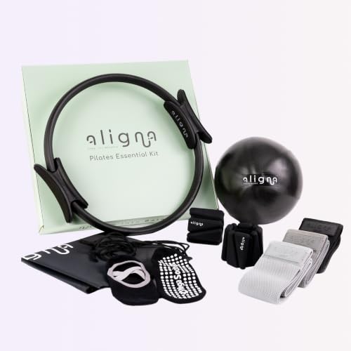 Aligna Pilates Essential Kit | Complete Home Workout Set for Balance, Flexibility & Strength | 8-Piece Set with Pilates Ring, Exercise Ball, Resistance Bands, Ankle Weights, Grip Socks & Carry Bag