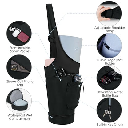 sportsnew Yoga Mat Bag, Large Opening Long Tote Yoga Mat Carrier Holder Bag with Waterproof Wet Pocket and Drawstring Water Bottle Pocket, Adjustable Shoulder Strap Storage Bag, patent pending - color: Black
