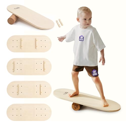 ComfyBumpy Balance Board for Kids with Cork Roller, 30" x 12" Wooden Balance Board, 4 Adjustable Levels, 400 lb Capacity, Progressive Balance Trainer for Kids, Parents & Family Play