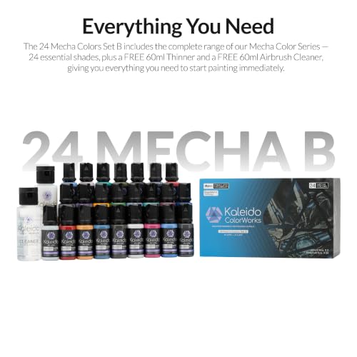 Gaahleri Kaleido Water-Based Airbrush Paint Kit 24 Mecha Colors Set B | Acrylic Paint, Pre-Thinned, High Gloss, Fast-Drying, with Thinner & Cleaner - color: 24 Mecha Colors Set B