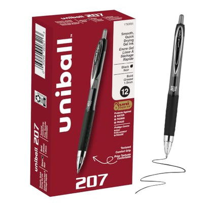 uniball™ 207 Gel Pens, Black Ink, 1.0mm Bold Point, Retractable, 12 Count | Smooth Writing, Fraud-Resistant, uni Super Ink™ - size: 1 Count (Pack of 12)