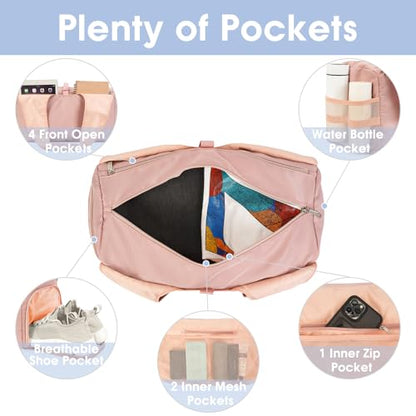 Sportsnew Tote Yoga Mat Gym Bag 20L Women W/Shoe Compartment Wet Dry Pocket | Water-Resistant Gym Tote - Mat Strap, Ventilated Shoe Bin, Wet Pocket, Padded Handle, Multi Pockets, Side Mesh & Key Clip - color: Pink