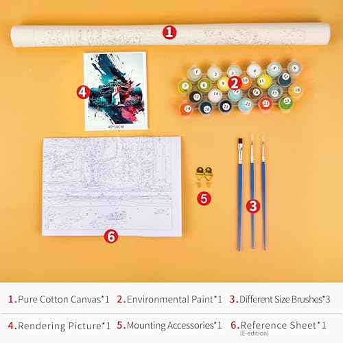 TUMOVO Racing Car Acrylic Paint by Numbers Kit for Adults Beginner | 16x20inch unframed racing pre-numbered canvas kit with paints and brushes DIY car oil painting kit acrylic pigment craft - color: F Car