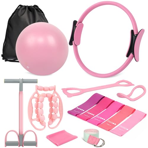 Home Pilates Essentials Kit for Women, Complete 13-in-1 Pilates Equipment Ring and Ball Set with 5 TPE Resistance Bands, Ankle Weights, 8-Shaped Pull Band, Stretch Strap and Waterproof Bag - size: 14PCS