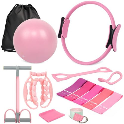 Home Pilates Essentials Kit for Women, Complete 13-in-1 Pilates Equipment Ring and Ball Set with 5 TPE Resistance Bands, Ankle Weights, 8-Shaped Pull Band, Stretch Strap and Waterproof Bag - size: 14PCS