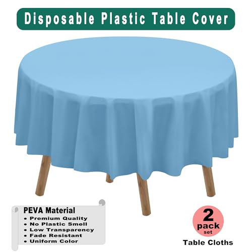 PARTY ULYJA Light Blue Plastic Tablecloths 2 Pack Disposable Table Covers 84 Inch Circle Baby Shower PEVA Sky Blue Table Cloths for Picnic Birthday Wedding Banquet Parties 6 ft Round Table Use - color: A01 Light Blue
