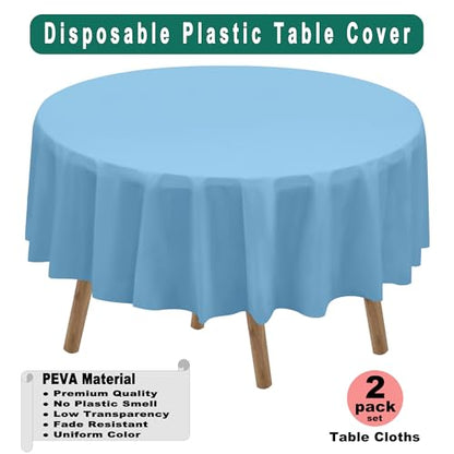 PARTY ULYJA Light Blue Plastic Tablecloths 2 Pack Disposable Table Covers 84 Inch Circle Baby Shower PEVA Sky Blue Table Cloths for Picnic Birthday Wedding Banquet Parties 6 ft Round Table Use - color: A01 Light Blue