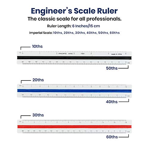 Pacific Arc Engineering Scale Ruler, 6" Scale Ruler for Architectural Designs, Engineering, or Drafting