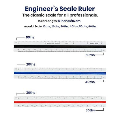 Pacific Arc Engineering Scale Ruler, 6" Scale Ruler for Architectural Designs, Engineering, or Drafting