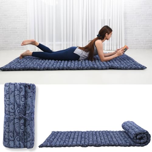 Leewadee Thai Roll Mat 75 x 28 inches Kapok Firm | Breathable folding mattress for sleeping, yoga, meditation & massage. For travel, camping, the car or as a guest bed - color: Cbt1 - Blue, size: M: 75x28"