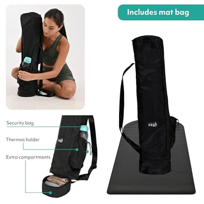 Yoga Mat 5mm Thick – Non Slip Exercise Workout Pad, PU Natural Rubber Grip, Extra Large 183x68 cm, Pilates Fitness Training, Includes Strap & Carry Bag - color: Arch Black