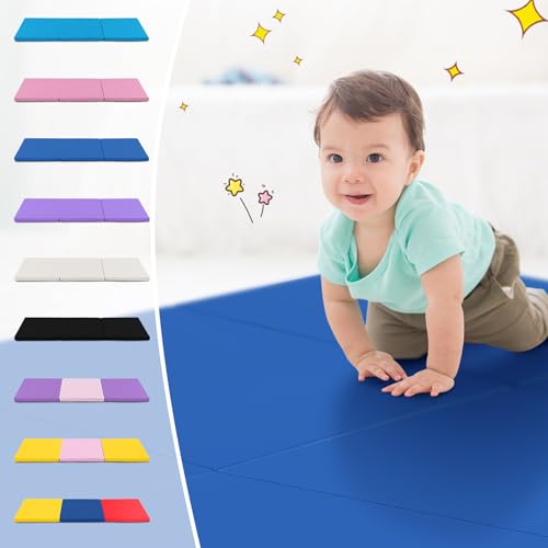 Giantex 6'x 2' Gymnastics Mat, 2" Thick Folding Tumbling Mat with Hook and Loop Fastener, Foldable Gym Mat with Carrying Handles, Cheer Mats for Kids Adults Home Exercise Aerobics Fitness - color: Dark Blue