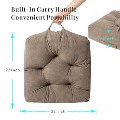 Floor Pillow Cushion with Handle for Adults Women Men | Large Meditation & Sitting Cushion Pillow for Tatami, Living Room, Yoga (2, Brown, Square, 22" x 22" x 6") - color: Brown, Square