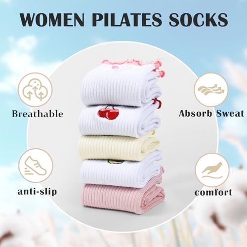 Women's Pilates Grip Socks, Ruffle Non Slip Bow Pattern Yoga Socks | Grippy, Frilly Trim, Embroidery, Crew Length, Soft Cotton, Arch Support, for Barre Ballet Dance Workout Hospital Home Gifts - color: E01-white(cherry) + White(avocado)
