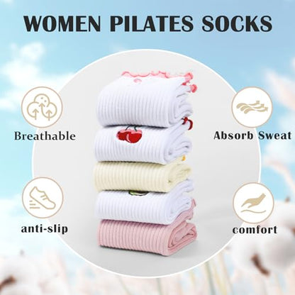 Women's Pilates Grip Socks, Ruffle Non Slip Bow Pattern Yoga Socks | Grippy, Frilly Trim, Embroidery, Crew Length, Soft Cotton, Arch Support, for Barre Ballet Dance Workout Hospital Home Gifts - color: E01-white(cherry) + White(avocado)