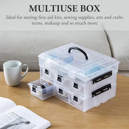 MyGift 11 Inch Clear Plastic Storage Box Container, Arts and Crafts Sewing Supplies Organizer Case with Black Accents, 24 Customizable Compartments, and 6 Drawers with Removable Dividers | Sewing Supplies Organizer Case with Black Accents, 24 Customizable