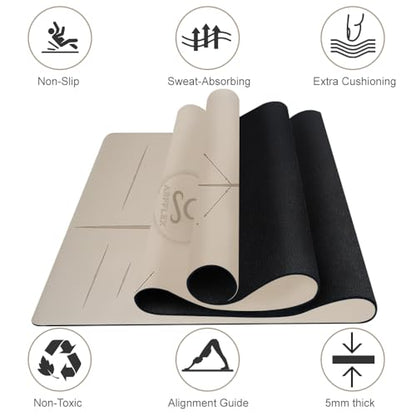 Natural Rubber Yoga Mat - Non Slip Non Toxic - 5mm Thick Yoga Mat for Hot Yoga/Pilates - Extra Large 26.8’’ with Alignment Guide - Sweat Proof - with Carrying Bag - color: Latte Grey